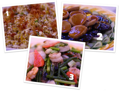 Above: 1:The Xi Shi Fried Rice, named after one of the 4 Great Beauties of Chinese legend, lives up to its name thanks to a variety of Full Kee’s cooking secrets. 2:A medley of prince mushrooms and black mushrooms, mixed with Shanghai green vegetables. 3:Sea Scallops, Shrimp and Garlic Shoots live up to the 3 principles of Chinese food: color, aroma and taste. 