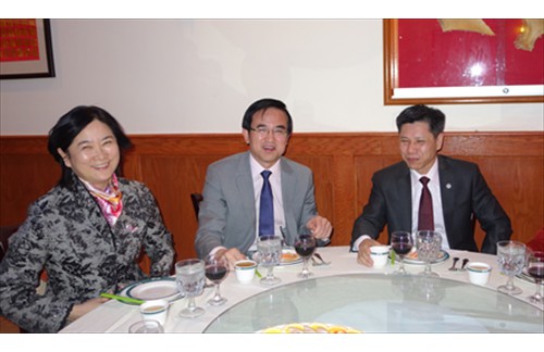 Minister Yang Zigang of the Chinese Embassy was at one of his many farewell dinners in early December, this time hosted by the Chinese American Chamber of Commerce. Yang is seen here with wife, left, Du Shuqin, and Gary Zhu, right, president of CACC, also owner of Fullkee restaurant in Falls Church, where the multi-coursed banquet took place. Yang is leaving D.C. to head to Suranami as the Chinese Ambassador. Congratulations and safe travels.