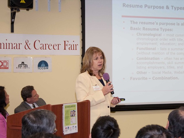 More than 100 young professionals and international students heard from Jennifer Freeland of Planned Systems International on some valuable resume writing tips. This was part of the job skills seminar provided for job seekers who also attended the job fair for networking and recruitment opportunities.