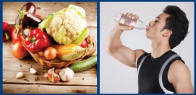 Image of assorted vegetables and an athletic man drinking water