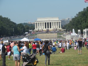 The view of the Reflecting Pool at the Lincoln Memorial on the National Mall. Thousands of people lined up to listen to the speeches during the 50th commemorative March on Washington on Aug. 24 in Washington, D.C.