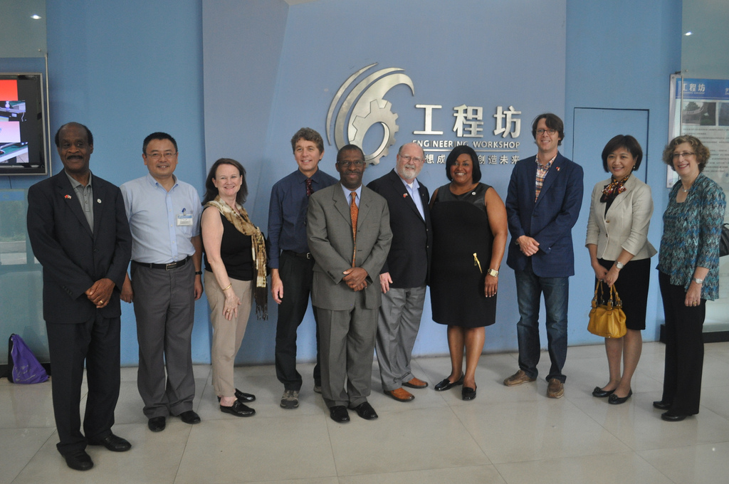  County Executive Ike Leggett (far left) led an 80-member trade and sister-city mission to China in September to advance partnerships with several cities. Pictured with Montgomery College president DiRionne Pollard (4th from right), Councilmember Hans Riemer and Montgomery County Director of Special Projects Lily Qi at the Xi’an Jiaotong University’s School of Engineering in the city of Xi’an, which is expected to be Montgomery County’s sister city in China.