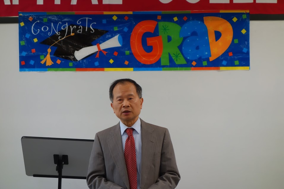 In his closing remarks, Capital College Provost Dr. George Chang informs graduates about the bright employment opportunities in the private sector.