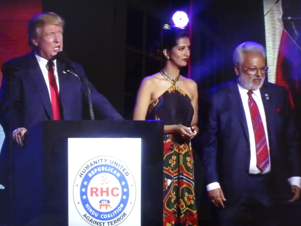 Republican presidential nominee Donald Trump addressing the anti-terror rally organized by the Republican Hindu Coalition (RHC) in Edison, New Jersey. Seen at right is Shalabh Kumar, founder and chairman of RHC