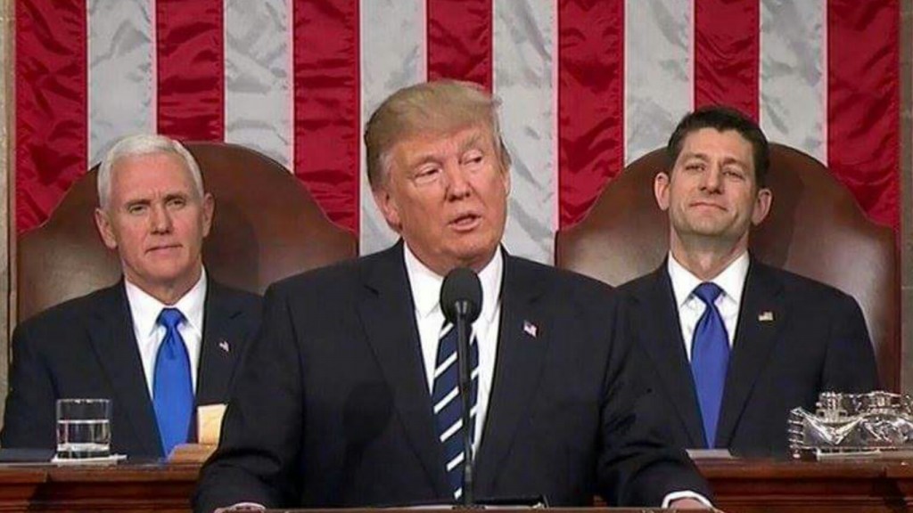 President Trump speaks to a joint session of the US Congress for the first time since being elected. Seen seated are his Vice President, Mike Pence (left), and House Speaker Paul Ryan (Republican - Wisconsin)