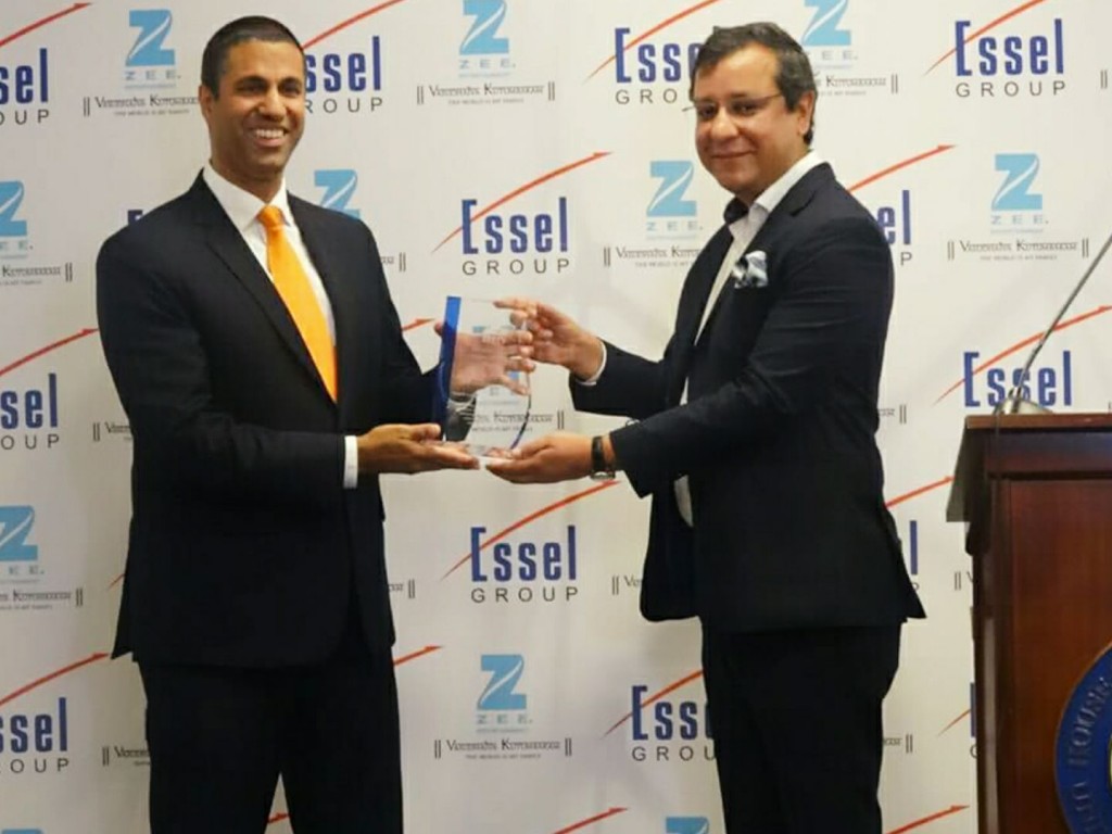 Ajit Pai (left), the first ever Indian-American to head the Federal Communications Commission (FCC), is presented the inaugural Zee Entertainment National Leadership Award by Amit Goenka, CEO of International Broadcast Business, Zee Entertainment Enterprises Limited (ZEEL), at a reception on Capitol Hill