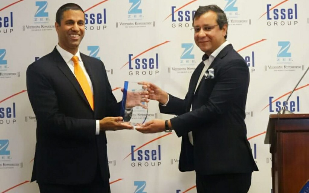Ajit Pai (left), the first ever Indian-American to head the Federal Communications Commission (FCC), is presented the inaugural Zee Entertainment National Leadership Award by Amit Goenka, CEO of International Broadcast Business, Zee Entertainment Enterprises Limited (ZEEL), at a reception on Capitol Hill