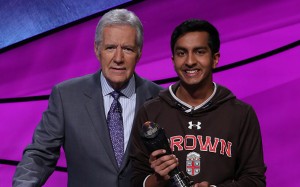 Dhruv Gaur, a first-year student at Ivy League Brown University, was crowned the Jeopardy! 2018 College Championship winner. He is seen here with Alex Trebek, host of the television quiz show. Press image, courtesy of Jeopardy!