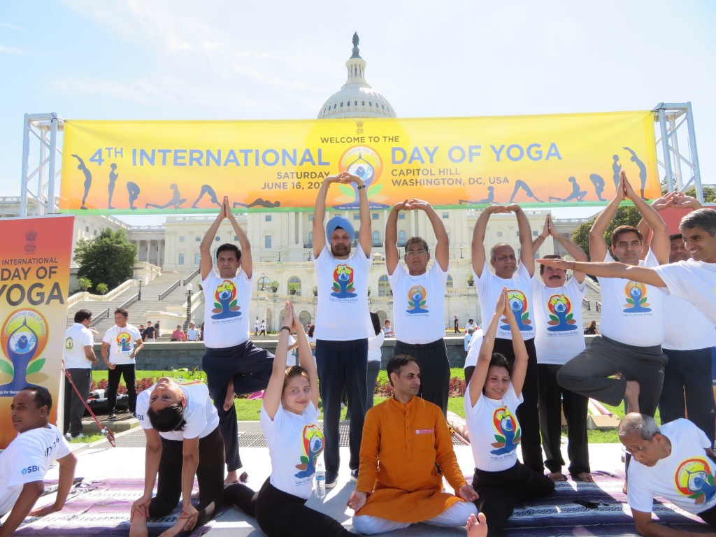  Indian Ambassador Navtej Sarna (Standing second from left) led the fourth annual International Day of Yoga celebration on the grounds of the US Capitol in Washington, DC