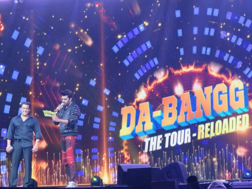 Indian superstar Salman Khan headlines the 'Dabangg Reloaded Tour' covering nine cities in the US and Canada. He is seen here on stage with host Maniesh Paul (right) at the Capital One Arena for the Washington, DC show organized by Vijay Taneja of Elite Bollywood Entertainment