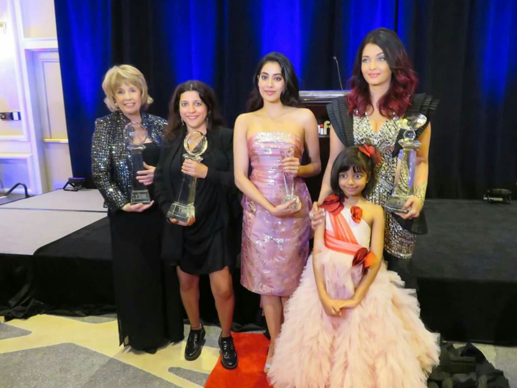 Indian actress and global icon Aishwarya Rai Bachchan (right) has been conferred with the inaugural Meryl Streep Award of Excellence at an exclusive event in the Washington area co-hosted by Women in Film & Television (WIFT) and the DC South Asian Film Festival (DCSAFF). The other trail-blazing women awarded were, from left to right: Catherine Hand, Producer of the Year; director Zoya Akhtar, Wyler Award of Excellence; and Janhvi Kapoor, Face of the Future. Bachchan was accompanied by her mother, Vrinda Rai, and daughter Aaradhya (seen here)
