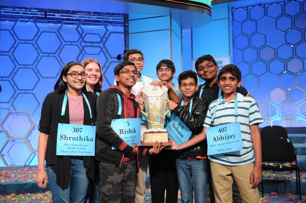 The eight co-champions of the 2019 National Spelling Bee, from left to right: Shruthika Padhy, 13, of Cherry Hill, New Jersey; Erin Howard, 14, of Huntsville, Alabama; Rishik Gandhasri, 13, of San Jose, California; Christopher Serrao, 13, of Whitehouse Station, New Jersey; Saketh Sundar, 13, of Clarksville, Maryland; and three Texans -- Sohum Sukhatankar, 13, of Dallas, Rohan Raja, 13, of Irving, and Abhijay Kodali, 12, of Flower Mound. Photo credit: Scripps National Spelling Bee